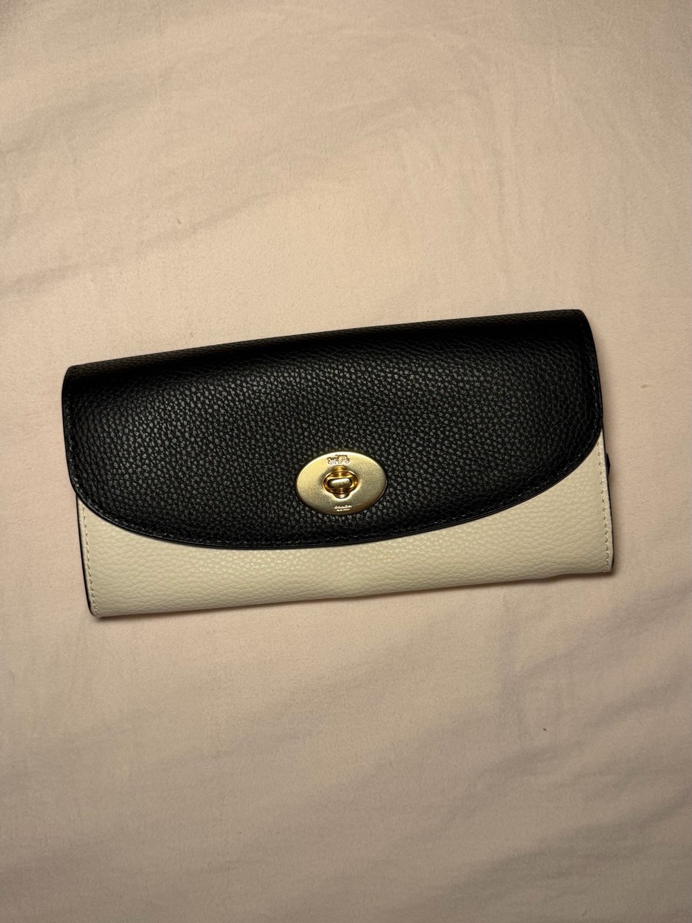 Coach Black & Cream Pebble Leather Wallet with Gold Turnlock